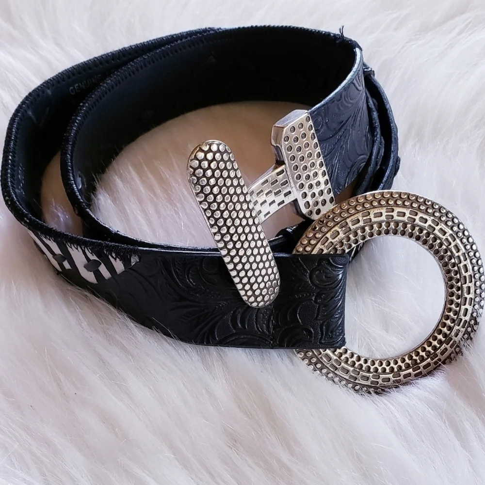 Genuine Leather Zebra Pattern Western Belt Silver